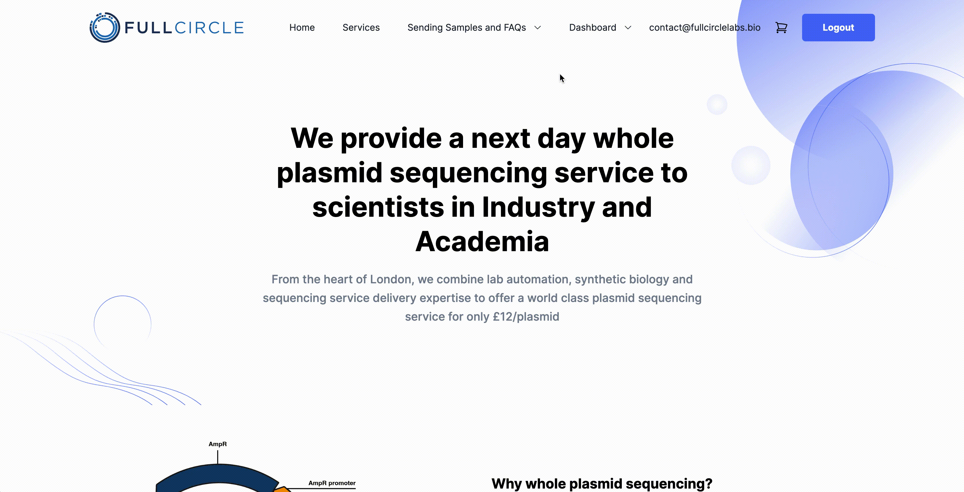 Animation showing the user navigating from the home page to the Order Product page in their dashboard and ordering some Whole Plasmid Sequencing.