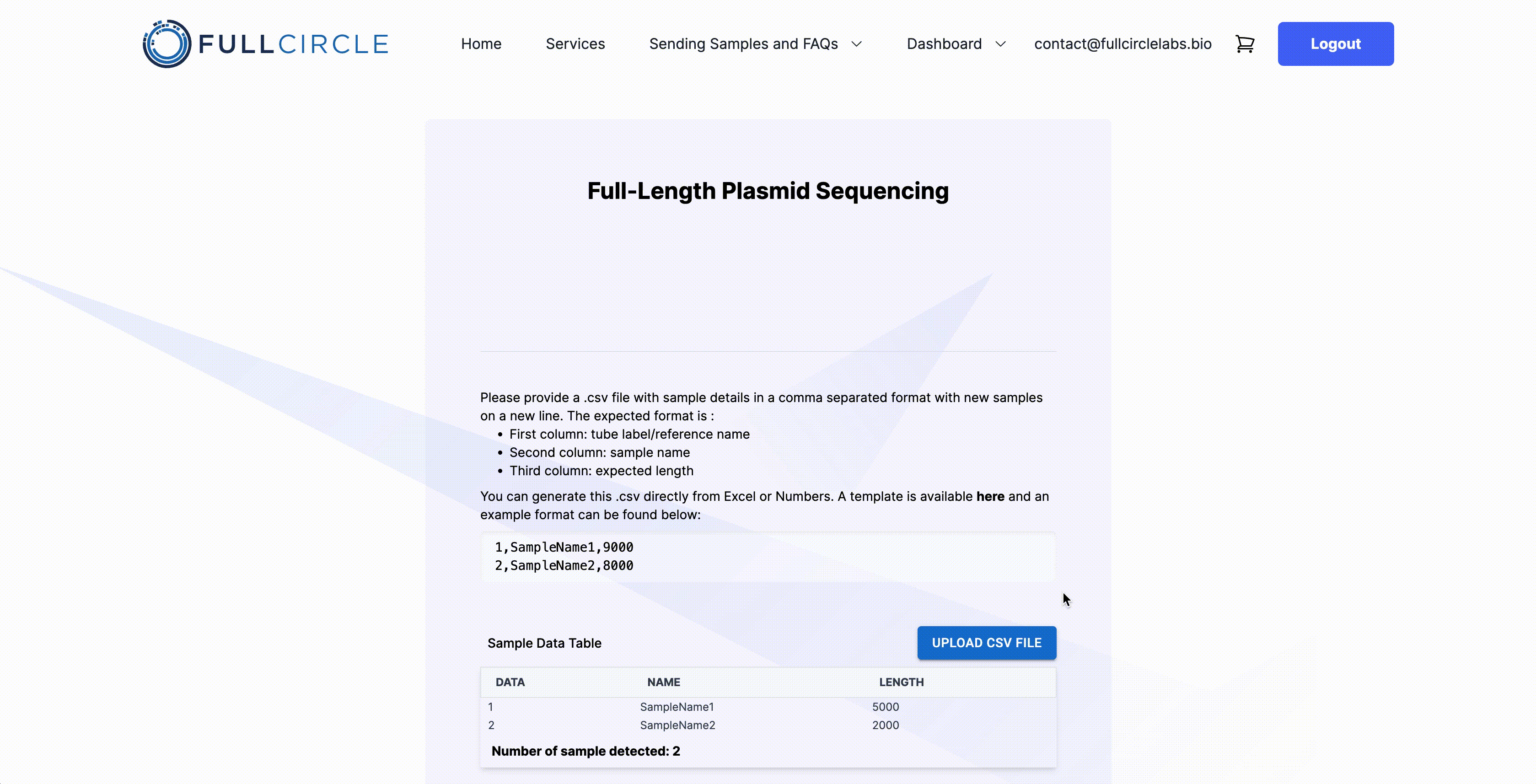 Animation showing the user loading a template csv file and then entering the biosafety level, dropbox location and payment options during checkout.